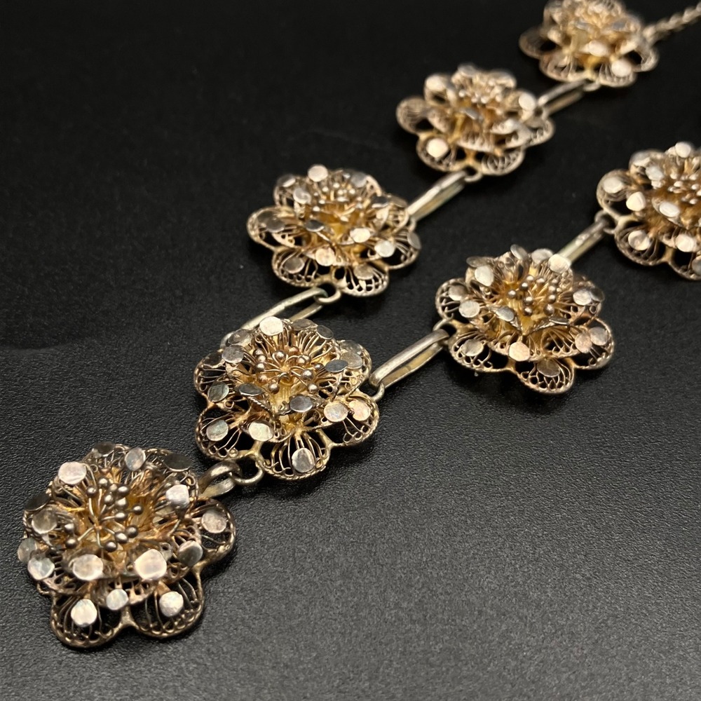 Vintage Flower Filigree Necklace Sterling Silver Floral Drop Antique 16 Inch - Picture 12 of 16
